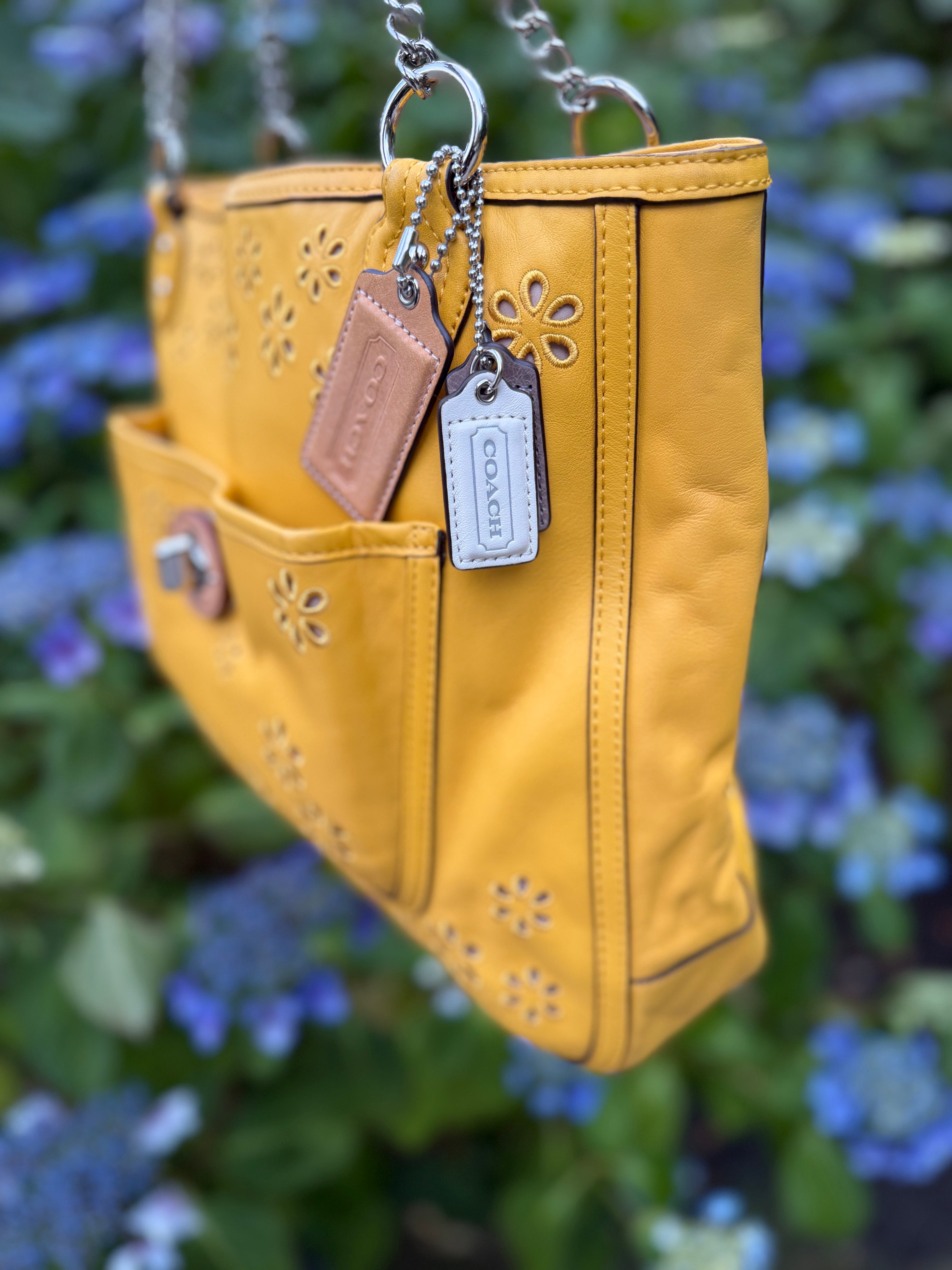 Coach Poppy Yellow Leather Eyelet Turnlock Tote  22488