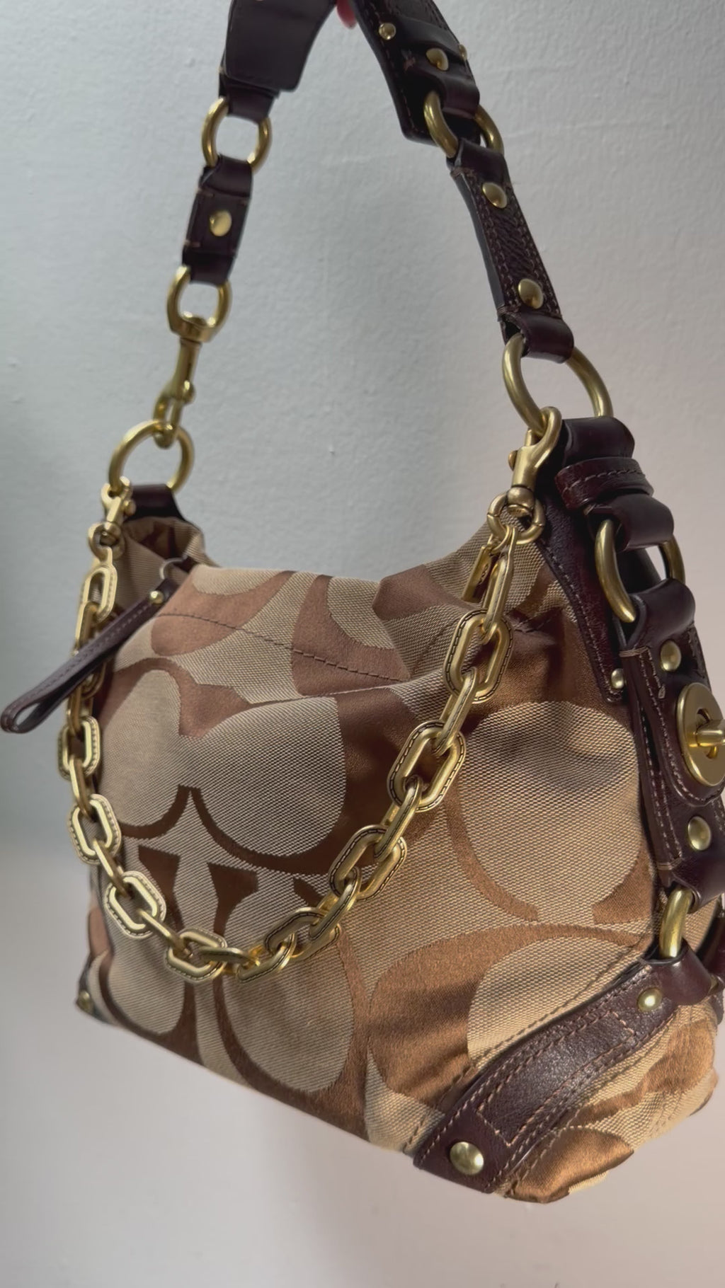 Coach Carly Brown Leather Trim Tan Canvas C #10619