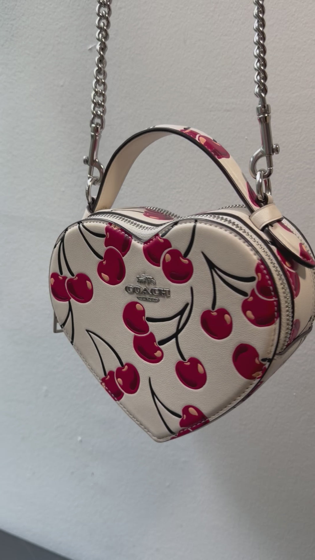 Coach Heart Crossbody Bag Chalk W Cherry Print Smooth Leather
